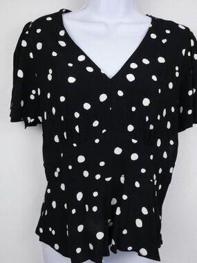 Ann Taylor Loft Shirt Womens Size 2 Black V Neck White Polka Dot Peplum Top NEW